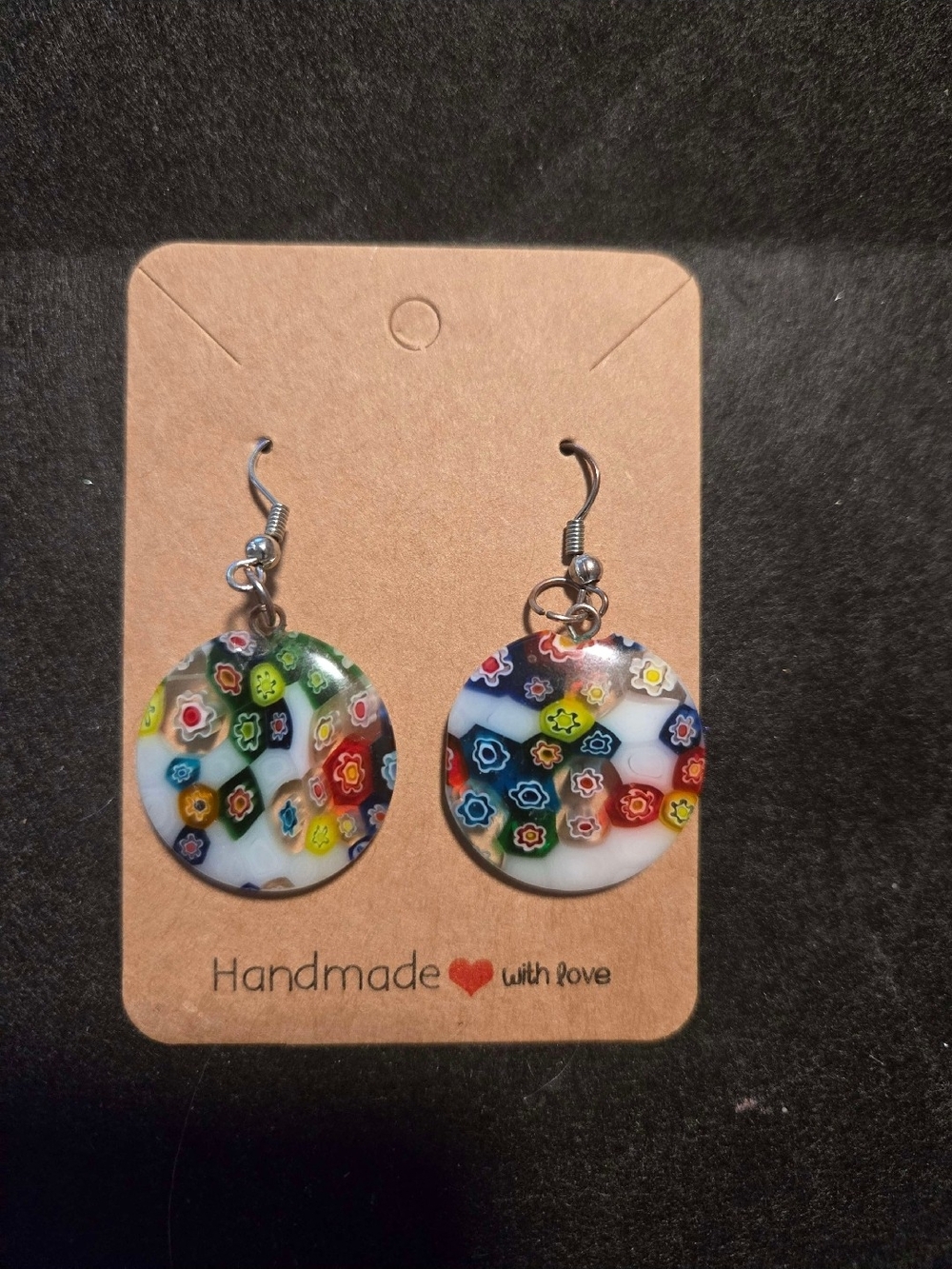 Handmade Multicolor Millefiori Disc Earrings - Floral Glass Accent